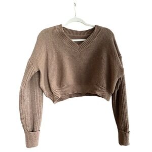 V-Neck Knit Cropped Sweater‎ Pullover Long Sleeve Casual Chic